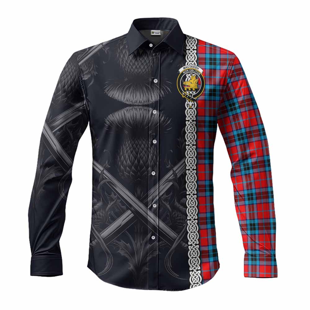 Tartan Vibes Clothing MacTavish (McTavish) Tartan Long Sleeve Button Shirt with Family Crest Cross Sword Thistle Celtic Vibes