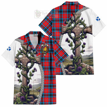 MacTavish (McTavish) Tartan Hawaiian Shirt with Family Crest and St. Andrew's Cross Accented by Thistle Vines