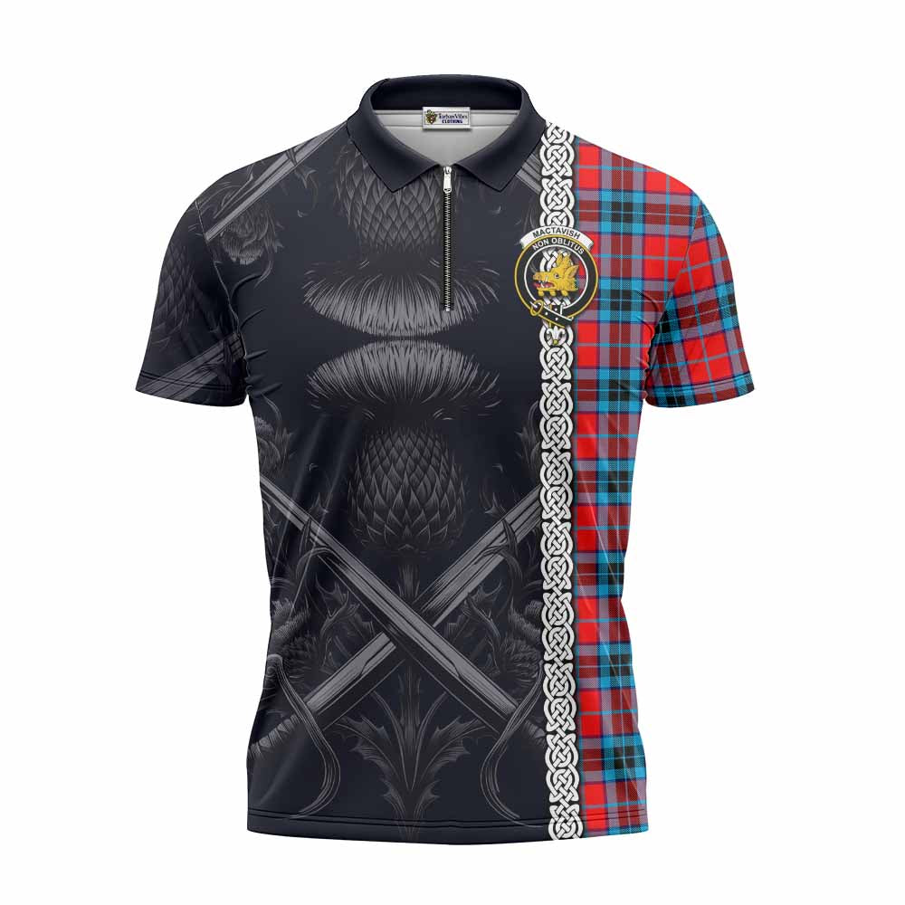 Tartan Vibes Clothing MacTavish (McTavish) Tartan Zipper Polo Shirt with Family Crest Cross Sword Thistle Celtic Vibes