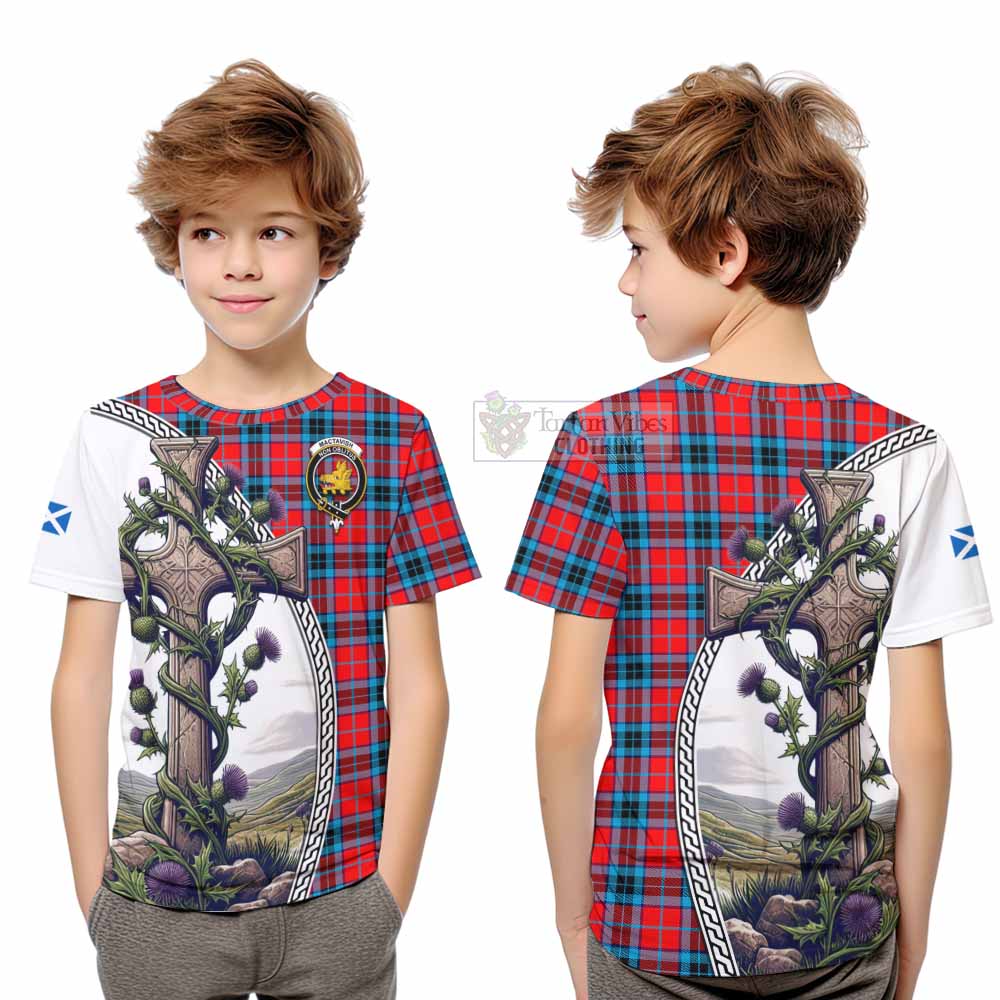 Tartan Vibes Clothing MacTavish (McTavish) Tartan Kid T-Shirt with Family Crest and St. Andrew's Cross Accented by Thistle Vines