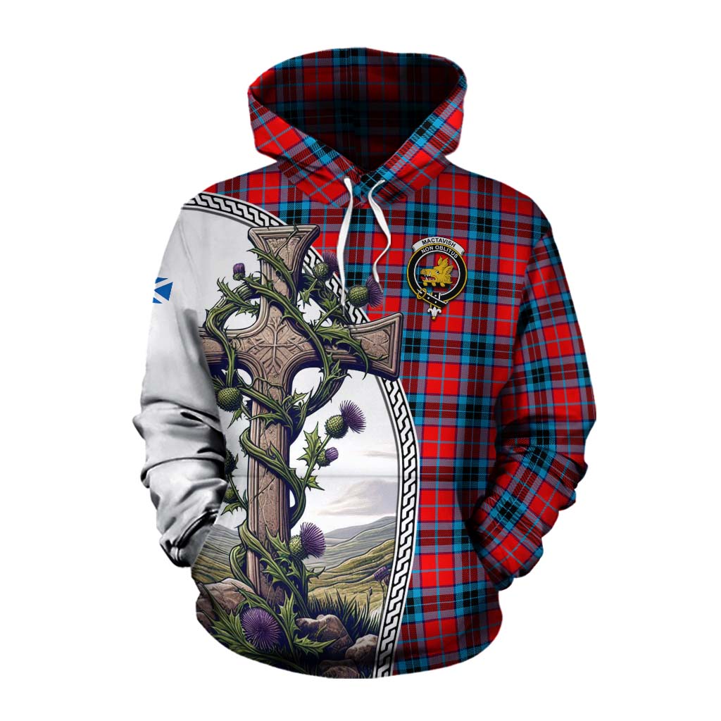 Tartan Vibes Clothing MacTavish (McTavish) Tartan Cotton Hoodie with Family Crest and St. Andrew's Cross Accented by Thistle Vines