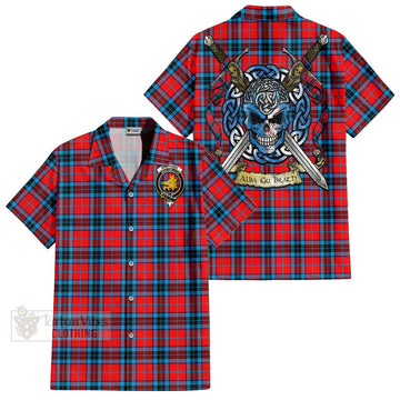 Tartan Vibes Clothing MacTavish (McTavish) Tartan Short Sleeve Button Shirt with Family Crest Celtic Skull Style