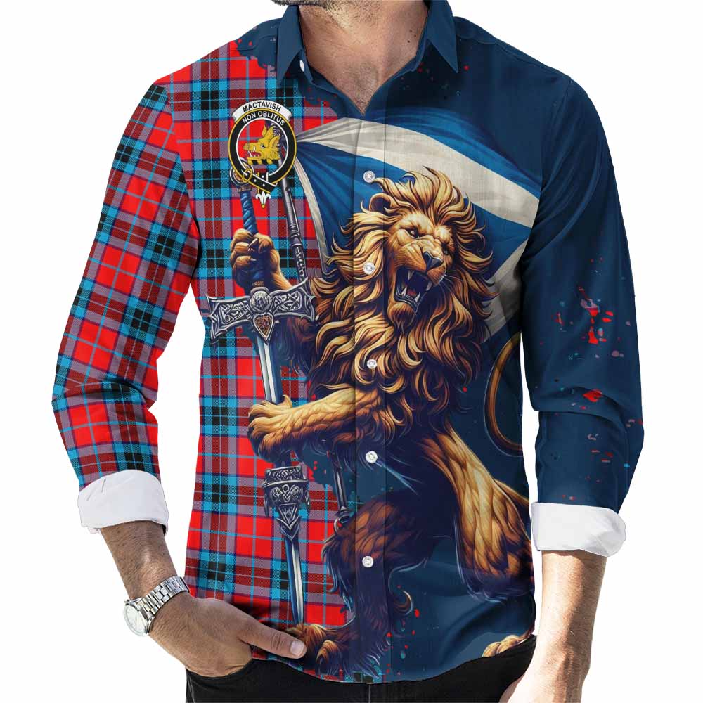 Tartan Vibes Clothing MacTavish (McTavish) Tartan Family Crest Long Sleeve Button Shirt with Scottish Majestic Lion