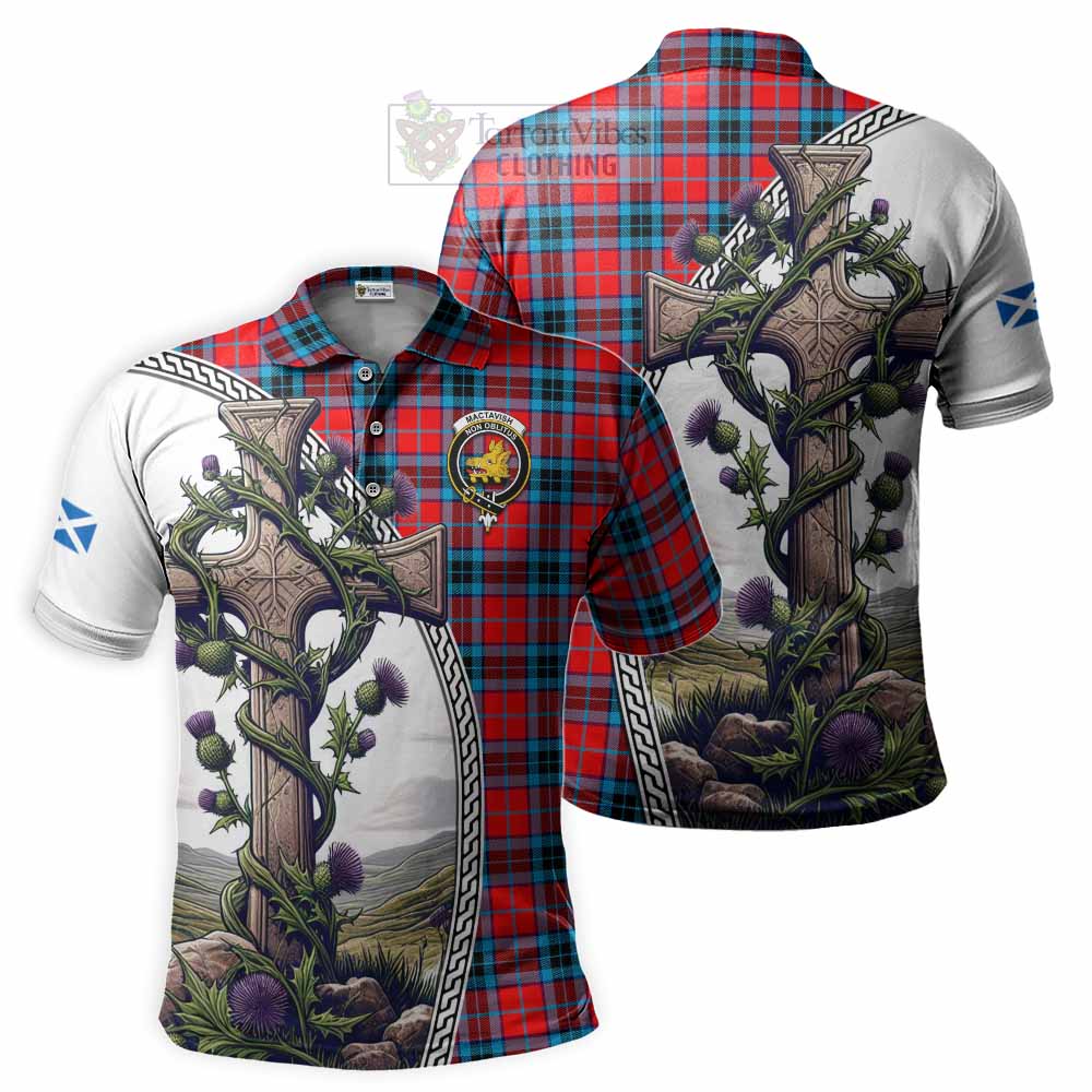 Tartan Vibes Clothing MacTavish (McTavish) Tartan Polo Shirt with Family Crest and St. Andrew's Cross Accented by Thistle Vines