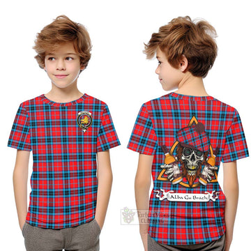 Tartan Vibes Clothing MacTavish (McTavish) Tartan Kid T-Shirt with Family Crest and Bearded Skull Holding Bottles of Whiskey