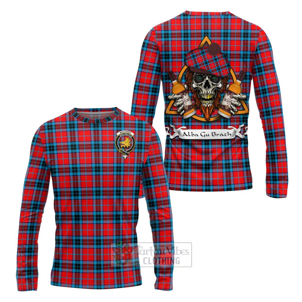 Tartan Vibes Clothing MacTavish (McTavish) Tartan Long Sleeve T-Shirt with Family Crest and Bearded Skull Holding Bottles of Whiskey