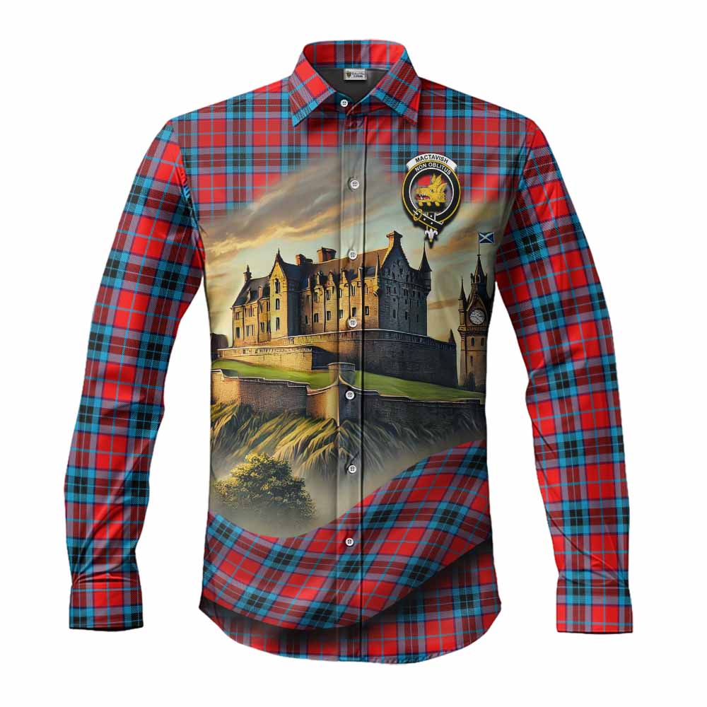 Tartan Vibes Clothing MacTavish (McTavish) Tartan Family Crest Long Sleeve Button Shirt with Scottish Ancient Castle Style