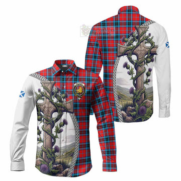 MacTavish (McTavish) Tartan Long Sleeve Button Shirt with Family Crest and St. Andrew's Cross Accented by Thistle Vines