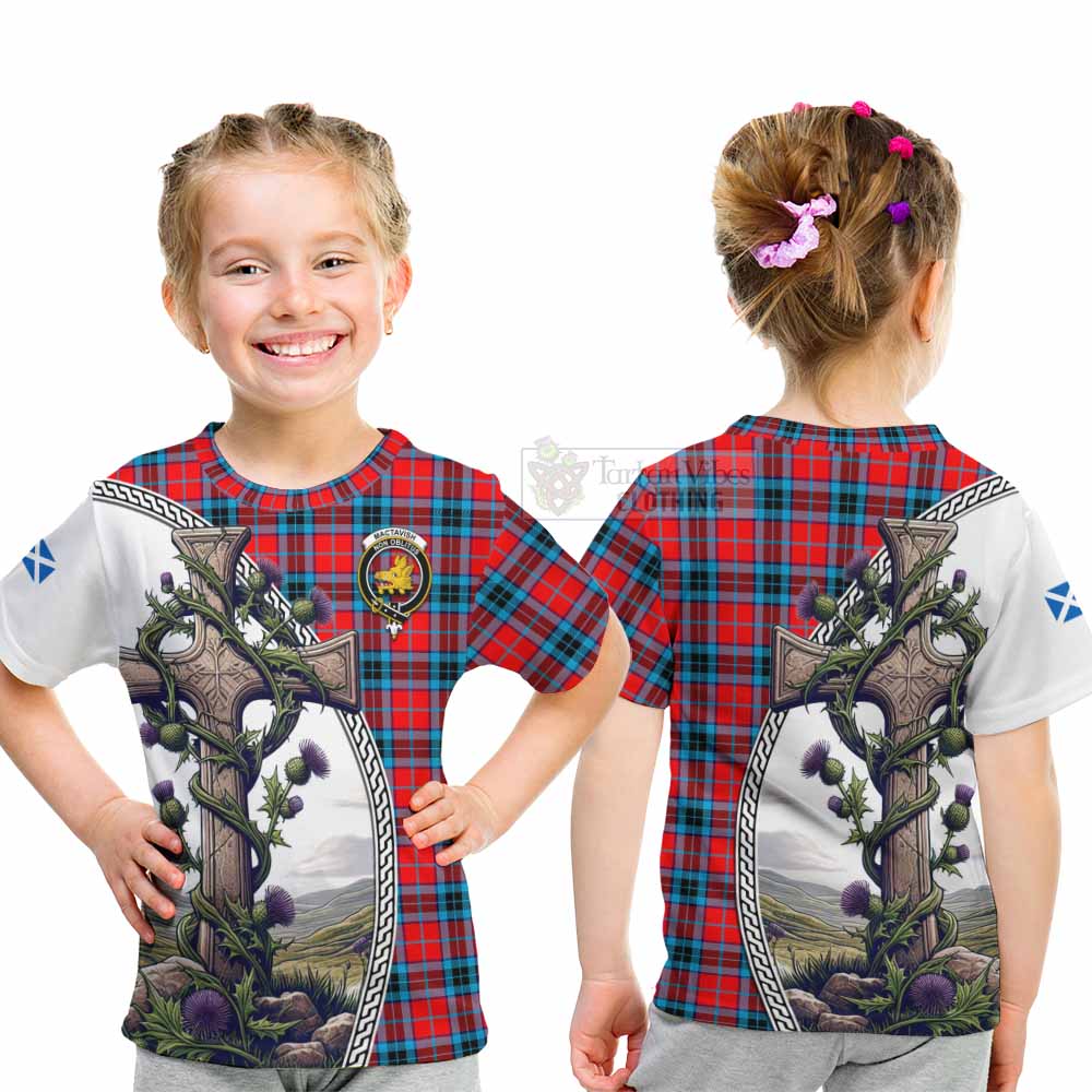 Tartan Vibes Clothing MacTavish (McTavish) Tartan Kid T-Shirt with Family Crest and St. Andrew's Cross Accented by Thistle Vines