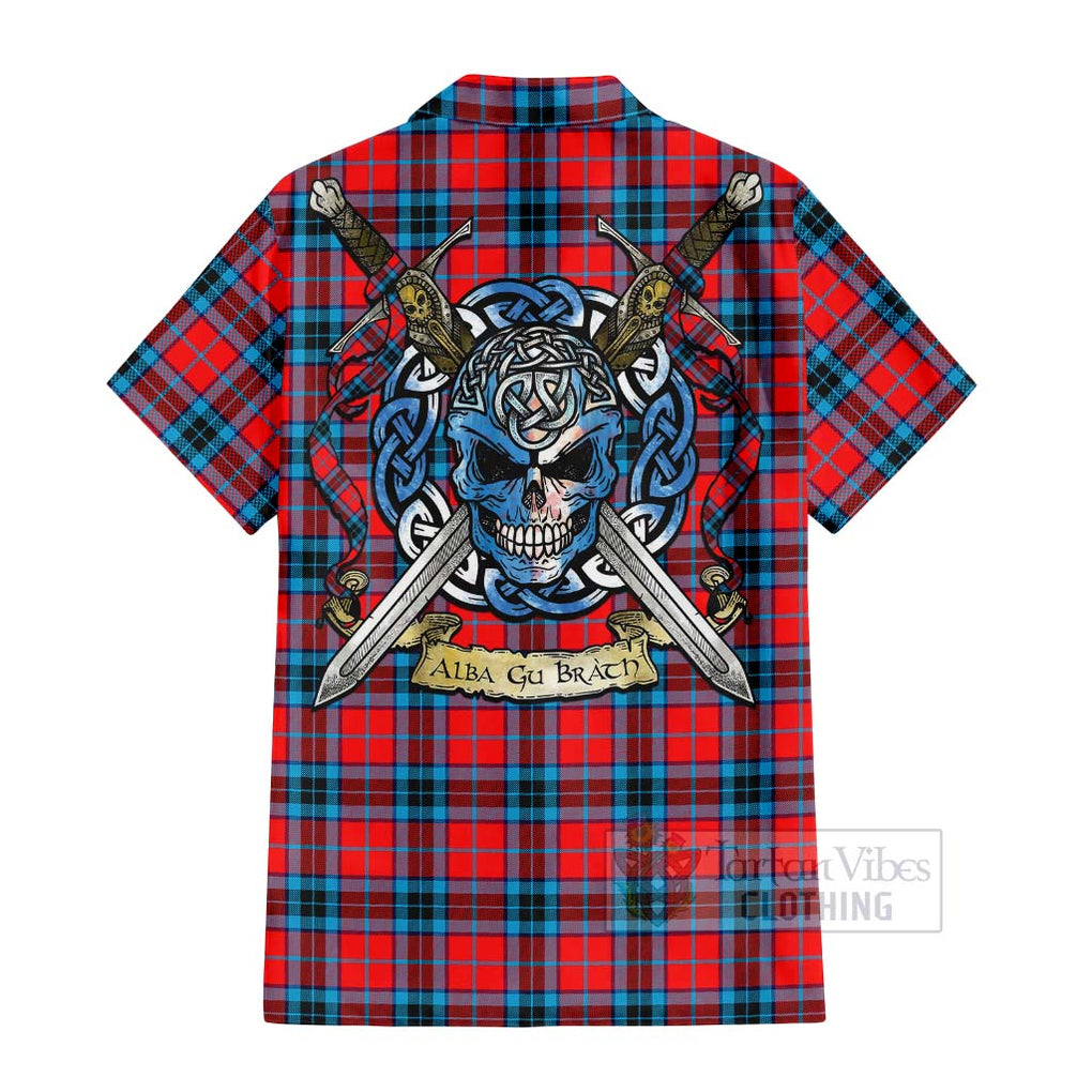 Tartan Vibes Clothing MacTavish (McTavish) Tartan Short Sleeve Button Shirt with Family Crest Celtic Skull Style