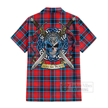 Tartan Vibes Clothing MacTavish (McTavish) Tartan Short Sleeve Button Shirt with Family Crest Celtic Skull Style