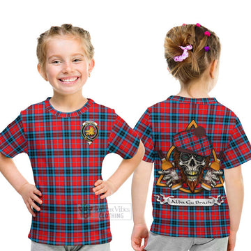 Tartan Vibes Clothing MacTavish (McTavish) Tartan Kid T-Shirt with Family Crest and Bearded Skull Holding Bottles of Whiskey