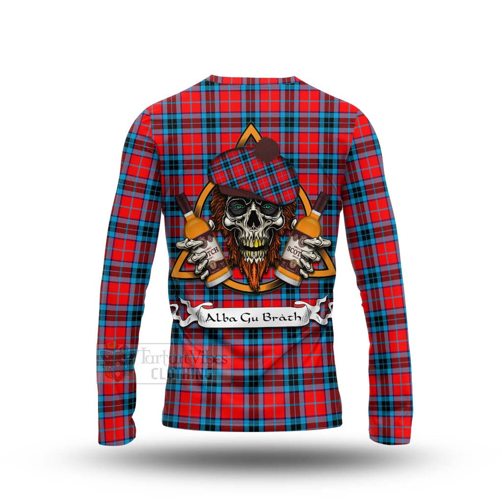 Tartan Vibes Clothing MacTavish (McTavish) Tartan Long Sleeve T-Shirt with Family Crest and Bearded Skull Holding Bottles of Whiskey
