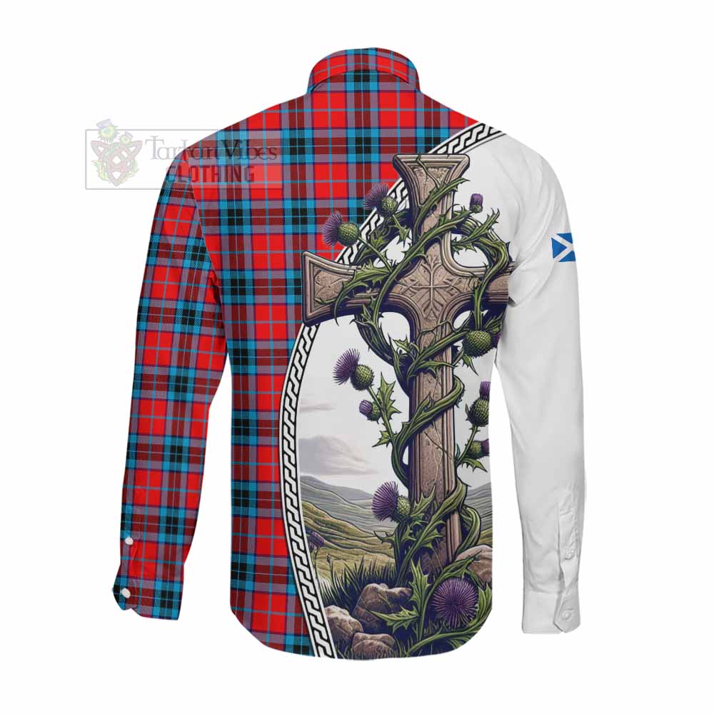 Tartan Vibes Clothing MacTavish (McTavish) Tartan Long Sleeve Button Shirt with Family Crest and St. Andrew's Cross Accented by Thistle Vines