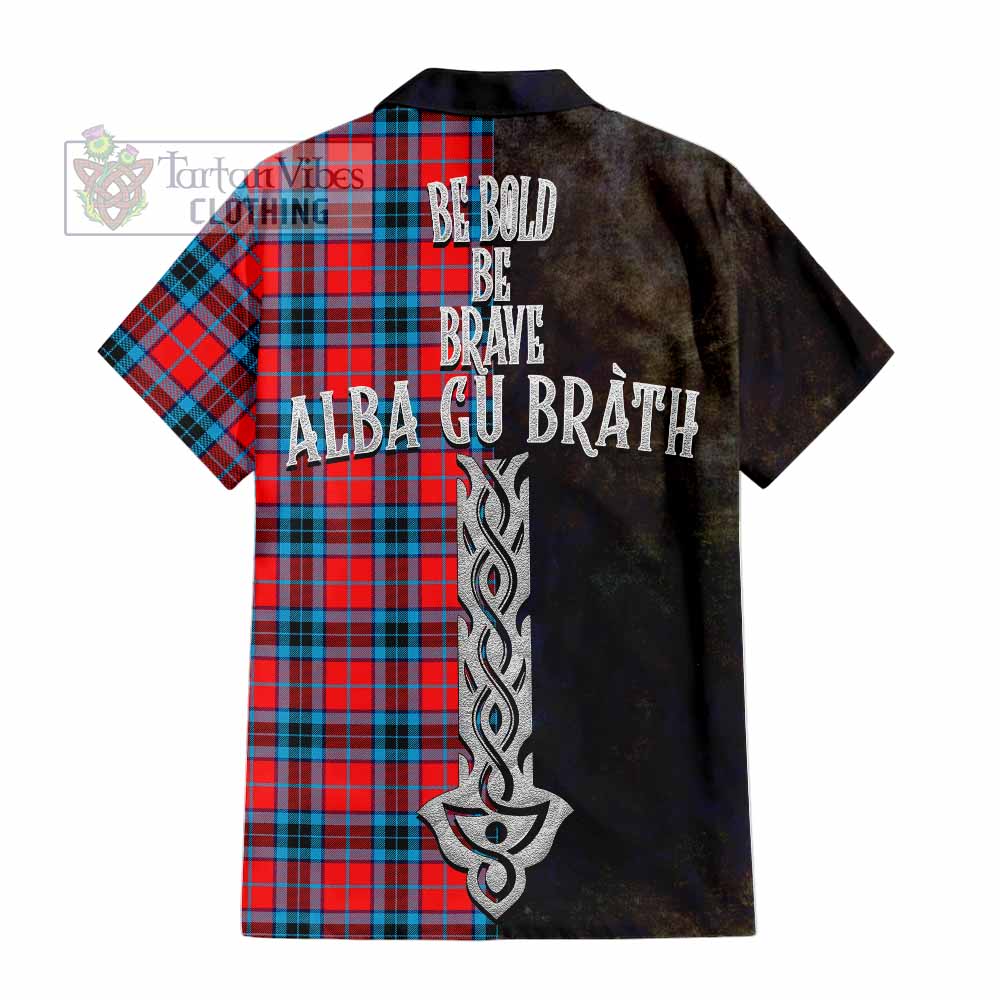 Tartan Vibes Clothing MacTavish (McTavish) Tartan Family Crest Short Sleeve Button Shirt Alba Gu Brath Be Brave Lion Ancient Style