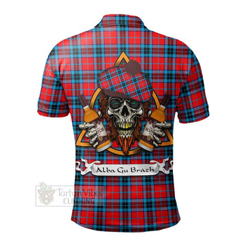 Tartan Vibes Clothing MacTavish (McTavish) Tartan Polo Shirt with Family Crest and Bearded Skull Holding Bottles of Whiskey