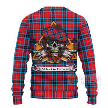 MacTavish (McTavish) Tartan Ugly Sweater with Family Crest and Bearded Skull Holding Bottles of Whiskey