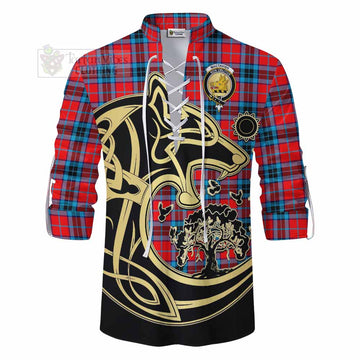 Tartan Vibes Clothing MacTavish (McTavish) Tartan Ghillie Kilt Shirt with Family Crest Celtic Wolf Style