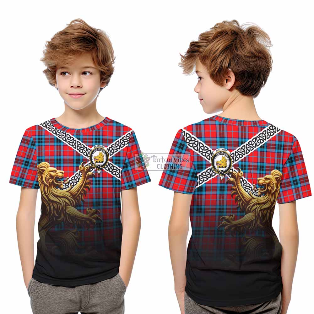 Tartan Vibes Clothing MacTavish (McTavish) Crest Tartan Kid T-Shirt with Golden Lion Emblem Celtic Style
