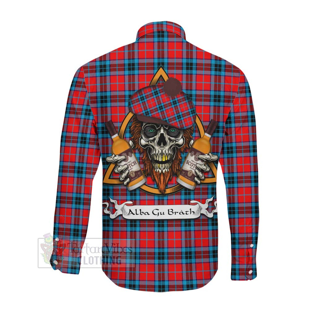 Tartan Vibes Clothing MacTavish (McTavish) Tartan Long Sleeve Button Shirt with Family Crest and Bearded Skull Holding Bottles of Whiskey