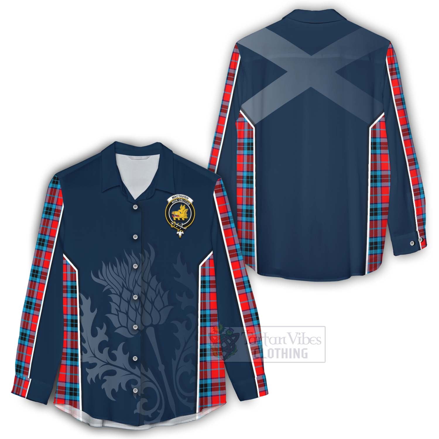 Tartan Vibes Clothing MacTavish (McTavish) Tartan Women's Casual Shirt with Family Crest and Scottish Thistle Vibes Sport Style