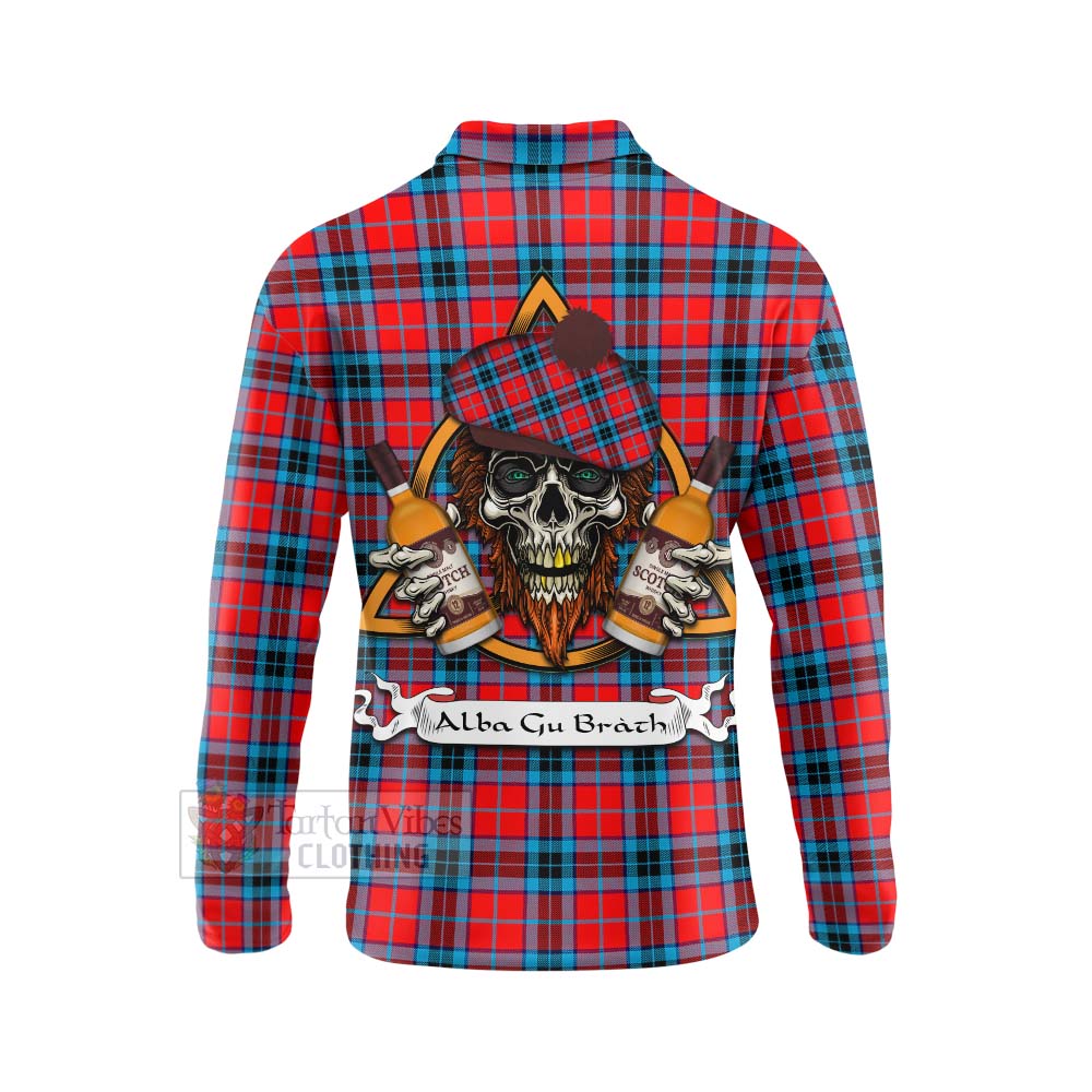 Tartan Vibes Clothing MacTavish (McTavish) Tartan Long Sleeve Polo Shirt with Family Crest and Bearded Skull Holding Bottles of Whiskey