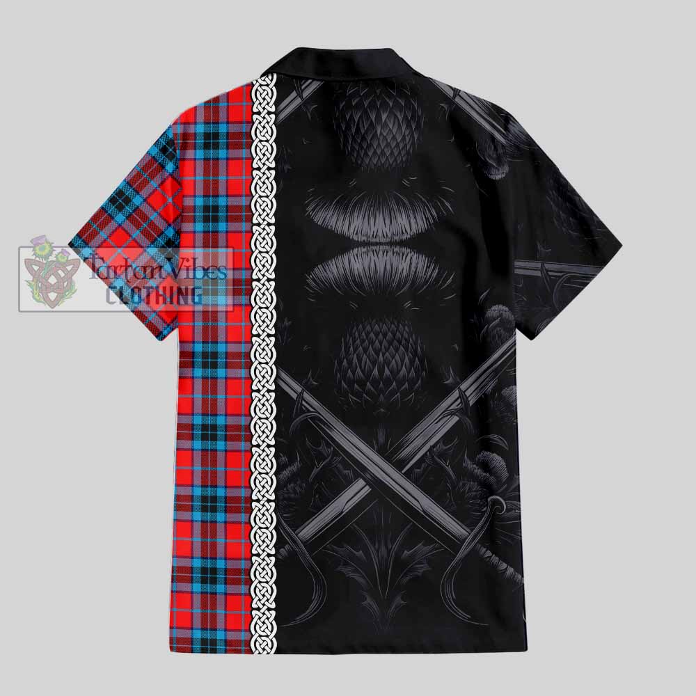 Tartan Vibes Clothing MacTavish (McTavish) Tartan Short Sleeve Button Shirt with Family Crest Cross Sword Thistle Celtic Vibes