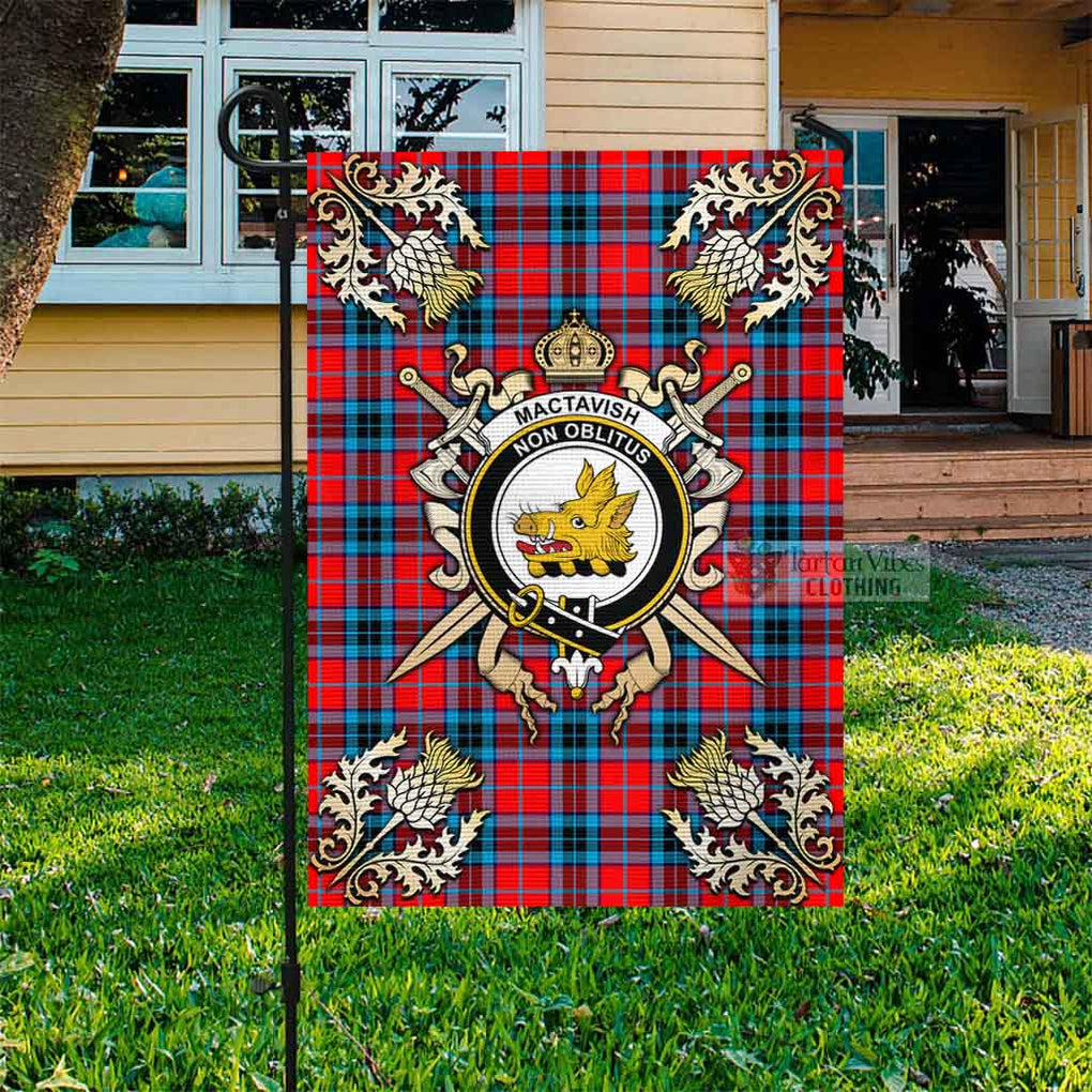 Tartan Vibes Clothing MacTavish (McTavish) Tartan Flag with Family Crest and Golden Thistle Crossed Sword Design