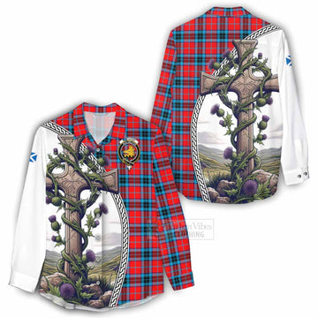 MacTavish (McTavish) Tartan Women's Casual Shirt with Family Crest and St. Andrew's Cross Accented by Thistle Vines