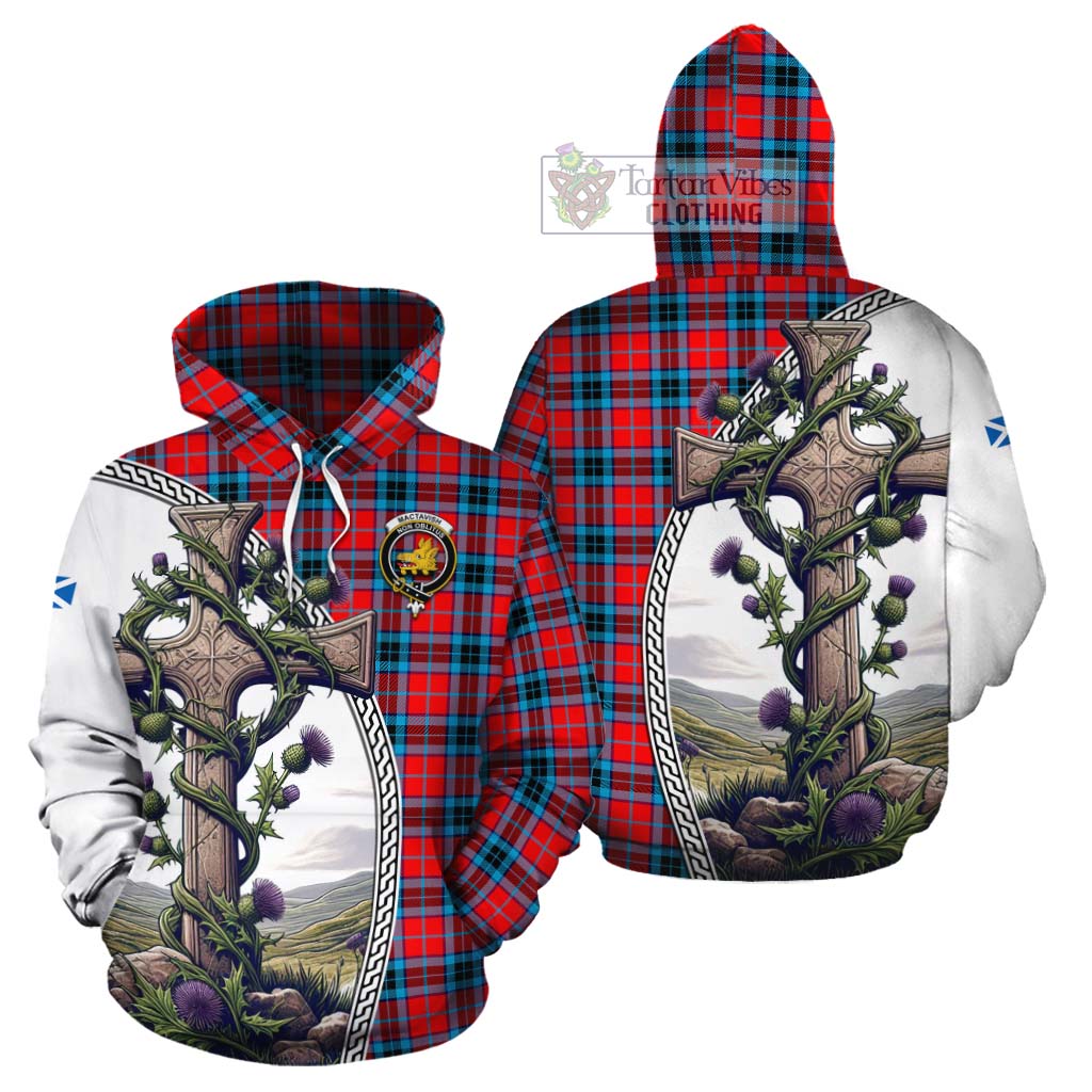 Tartan Vibes Clothing MacTavish (McTavish) Tartan Cotton Hoodie with Family Crest and St. Andrew's Cross Accented by Thistle Vines