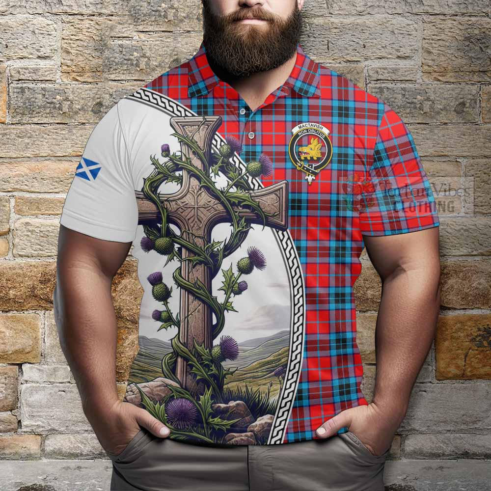 Tartan Vibes Clothing MacTavish (McTavish) Tartan Polo Shirt with Family Crest and St. Andrew's Cross Accented by Thistle Vines