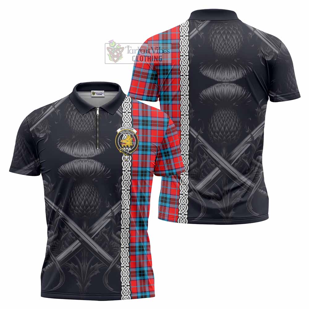 Tartan Vibes Clothing MacTavish (McTavish) Tartan Zipper Polo Shirt with Family Crest Cross Sword Thistle Celtic Vibes