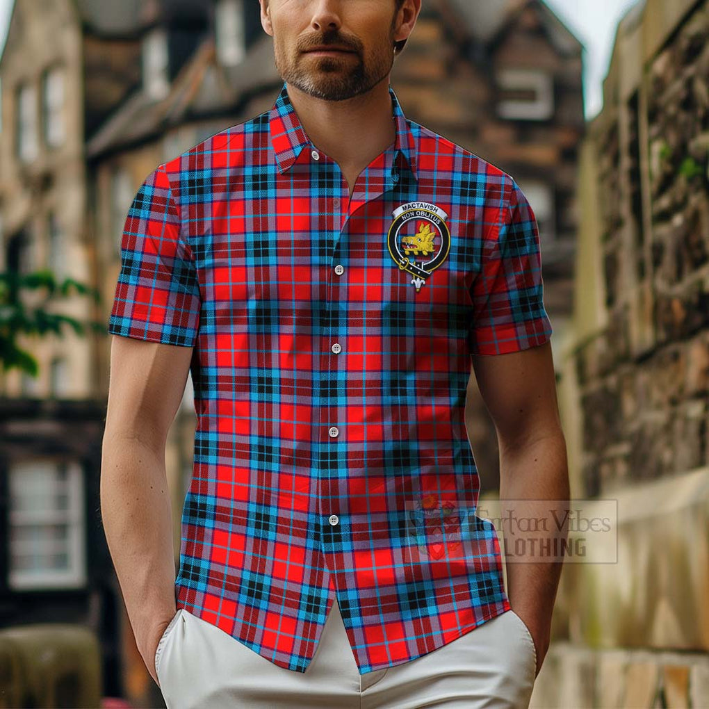 Tartan Vibes Clothing MacTavish (McTavish) Tartan Short Sleeve Button Shirt with Family Crest Celtic Skull Style