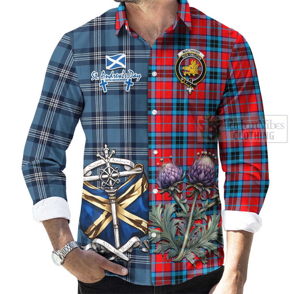 Tartan Vibes Clothing MacTavish (McTavish) Tartan Long Sleeve Button Shirt Happy St. Andrew's Day Half Tartan Style