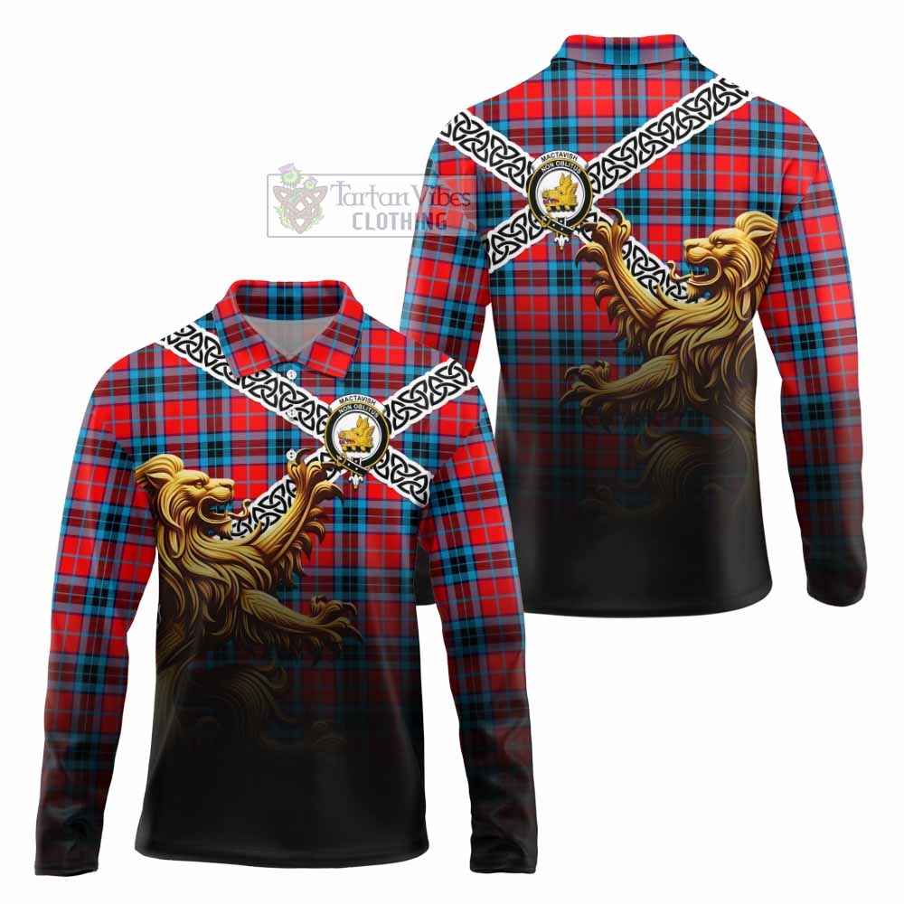 Tartan Vibes Clothing MacTavish (McTavish) Crest Tartan Long Sleeve Polo Shirt with Golden Lion Emblem Celtic Style