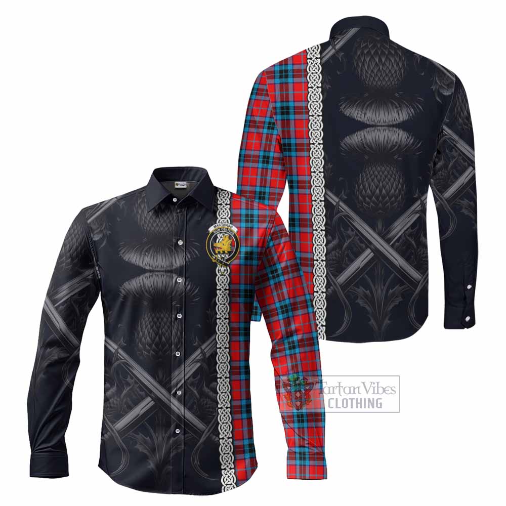 Tartan Vibes Clothing MacTavish (McTavish) Tartan Long Sleeve Button Shirt with Family Crest Cross Sword Thistle Celtic Vibes