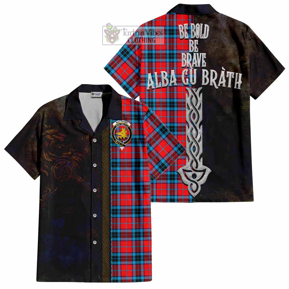 Tartan Vibes Clothing MacTavish (McTavish) Tartan Family Crest Short Sleeve Button Shirt Alba Gu Brath Be Brave Lion Ancient Style