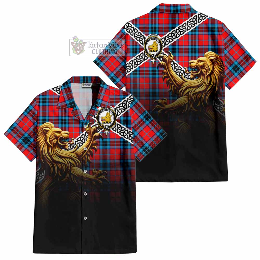 Tartan Vibes Clothing MacTavish (McTavish) Crest Tartan Short Sleeve Button Shirt with Golden Lion Emblem Celtic Style