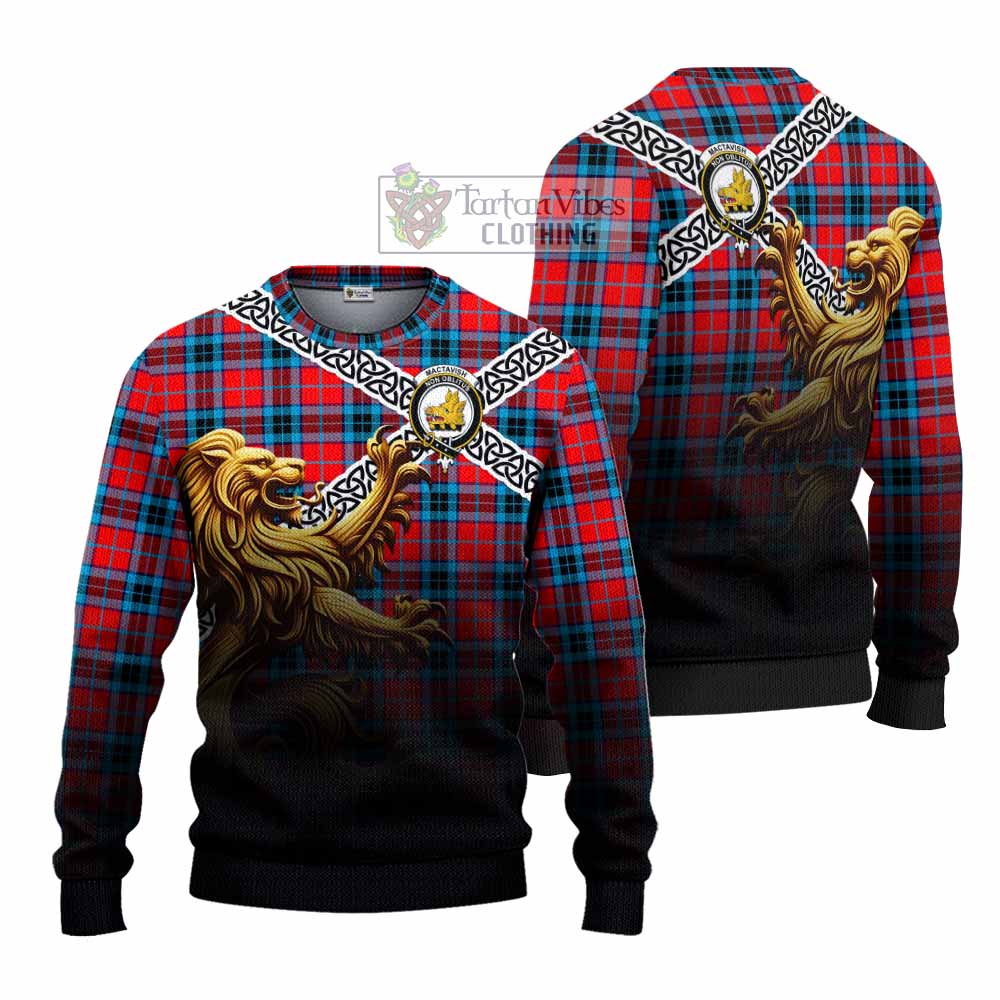 Tartan Vibes Clothing MacTavish (McTavish) Crest Tartan Knitted Sweater with Golden Lion Emblem Celtic Style