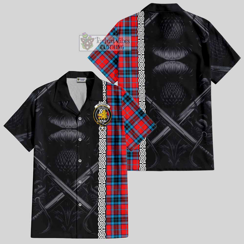 Tartan Vibes Clothing MacTavish (McTavish) Tartan Short Sleeve Button Shirt with Family Crest Cross Sword Thistle Celtic Vibes