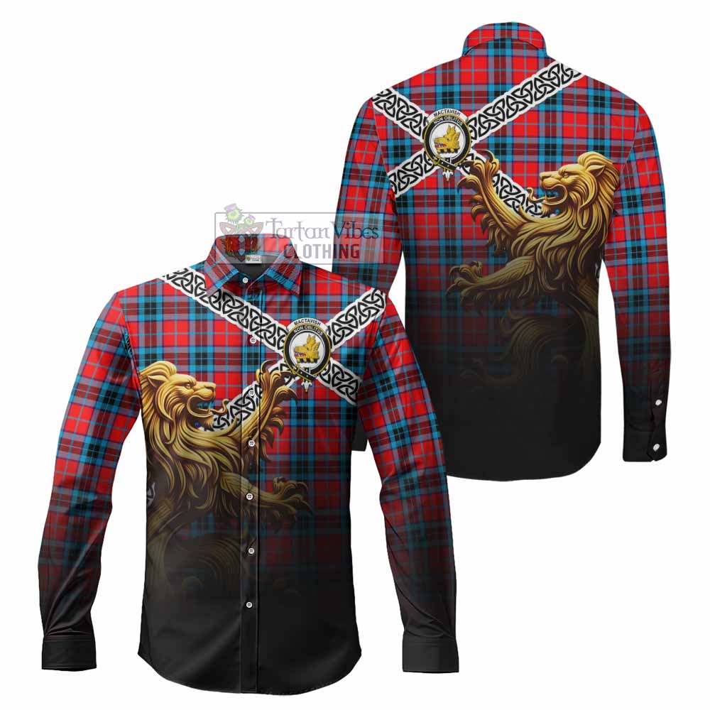 Tartan Vibes Clothing MacTavish (McTavish) Crest Tartan Long Sleeve Button Shirt with Golden Lion Emblem Celtic Style