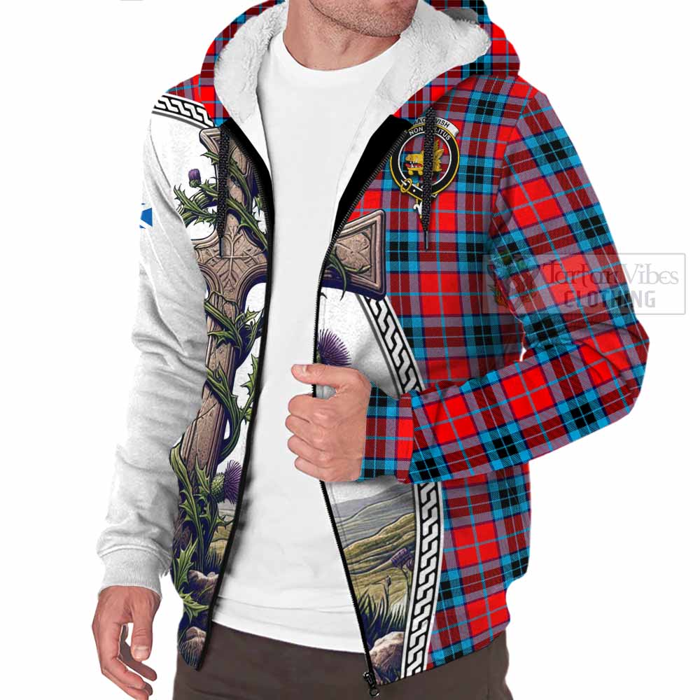 Tartan Vibes Clothing MacTavish (McTavish) Tartan Sherpa Hoodie with Family Crest and St. Andrew's Cross Accented by Thistle Vines