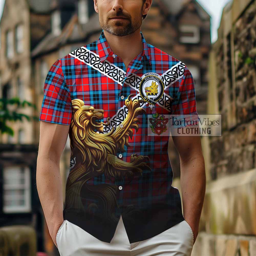 Tartan Vibes Clothing MacTavish (McTavish) Crest Tartan Short Sleeve Button Shirt with Golden Lion Emblem Celtic Style
