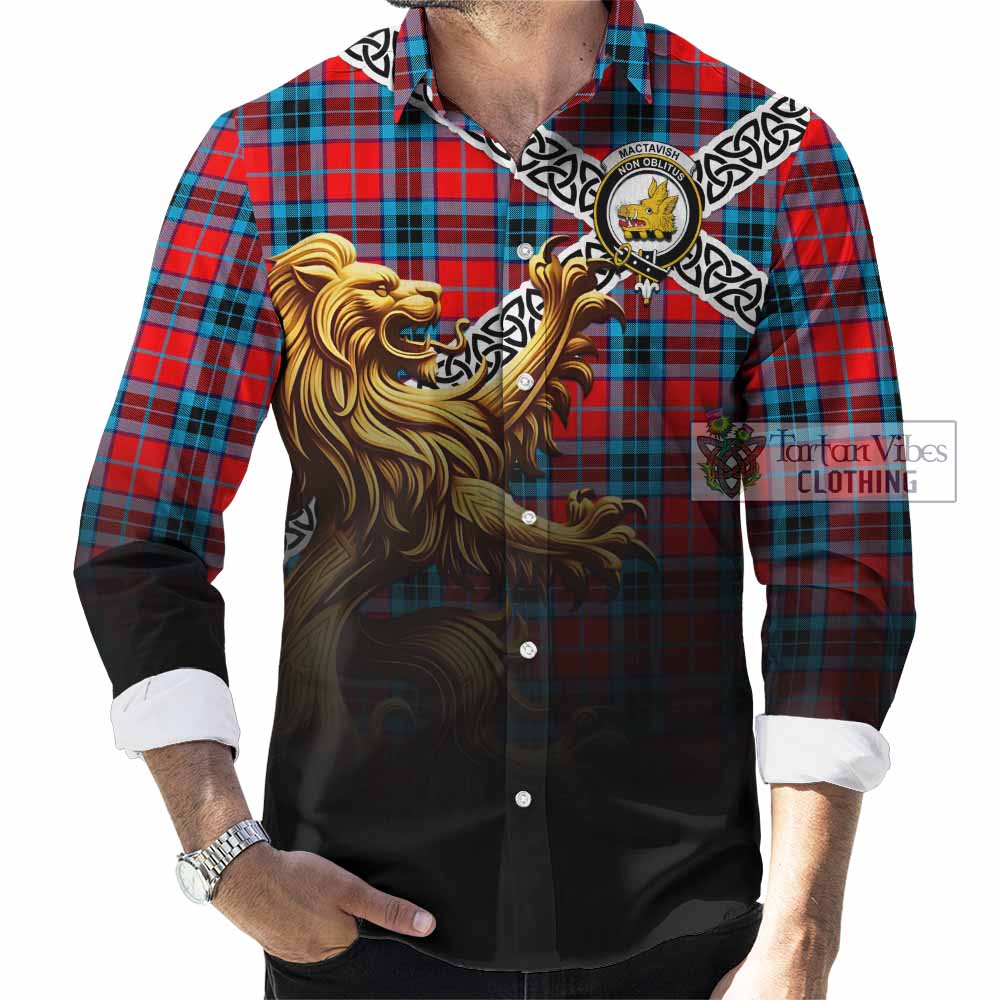 Tartan Vibes Clothing MacTavish (McTavish) Crest Tartan Long Sleeve Button Shirt with Golden Lion Emblem Celtic Style