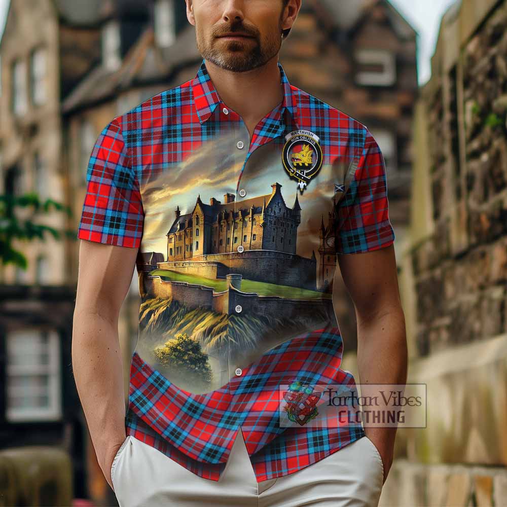 Tartan Vibes Clothing MacTavish (McTavish) Tartan Family Crest Short Sleeve Button Shirt with Scottish Ancient Castle Style