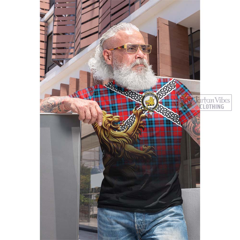 Tartan Vibes Clothing MacTavish (McTavish) Crest Tartan Cotton T-shirt with Golden Lion Emblem Celtic Style