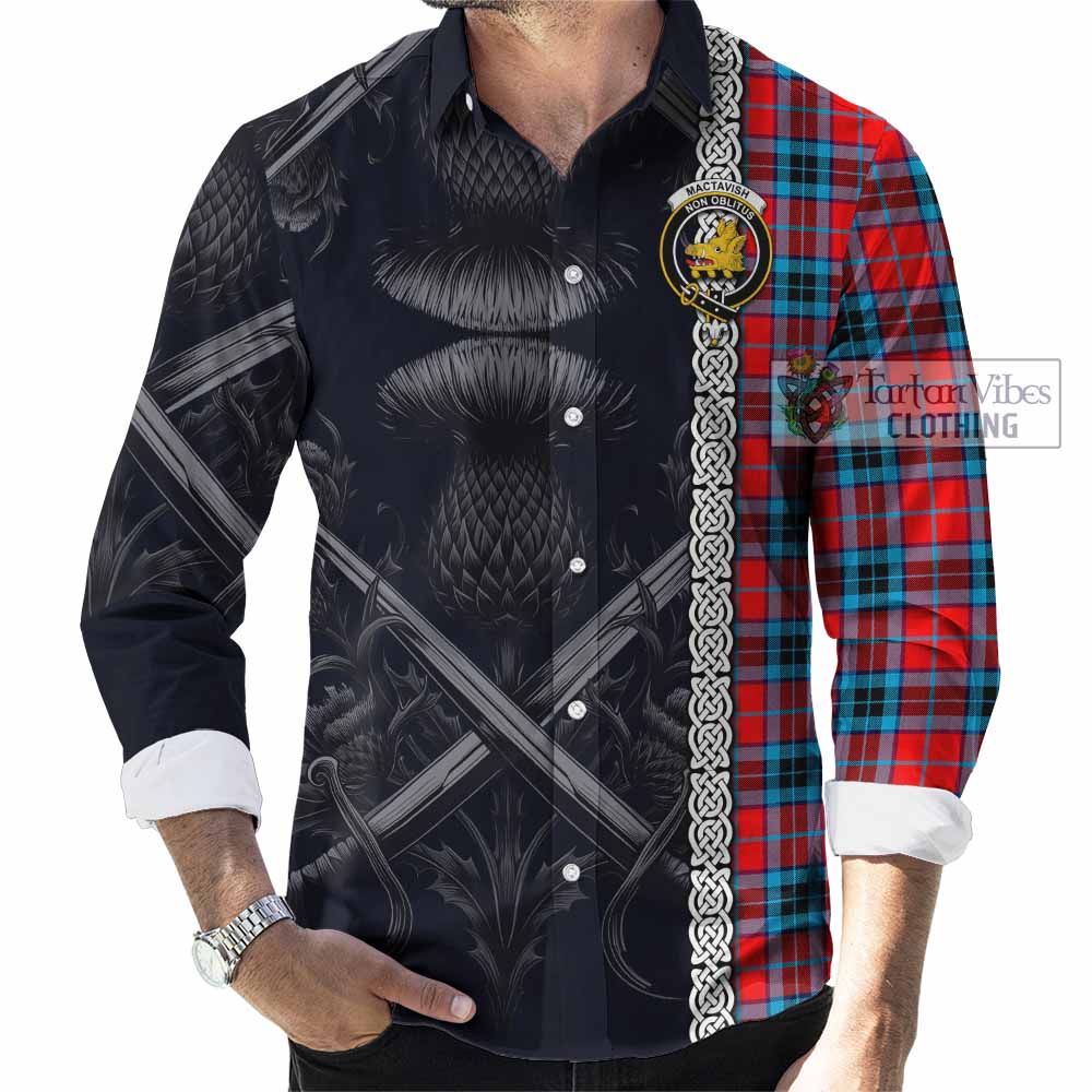Tartan Vibes Clothing MacTavish (McTavish) Tartan Long Sleeve Button Shirt with Family Crest Cross Sword Thistle Celtic Vibes