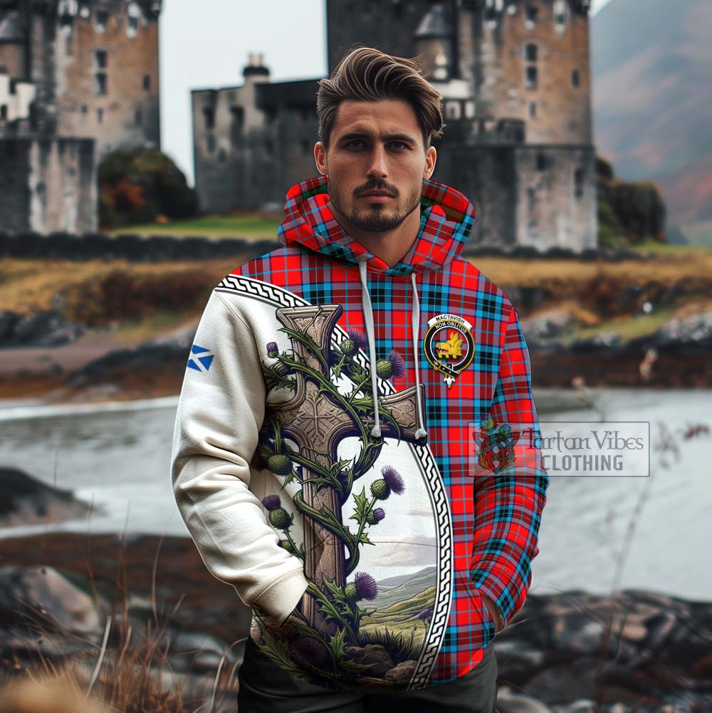 Tartan Vibes Clothing MacTavish (McTavish) Tartan Cotton Hoodie with Family Crest and St. Andrew's Cross Accented by Thistle Vines