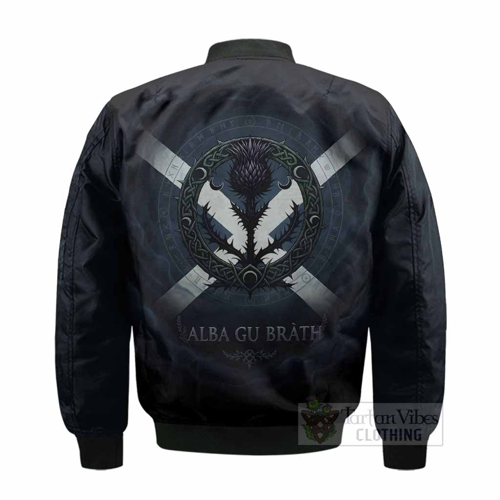 MacTavish (McTavish) Clan Crest Bomber Jacket with Celtic Knot Thistle and Saltire