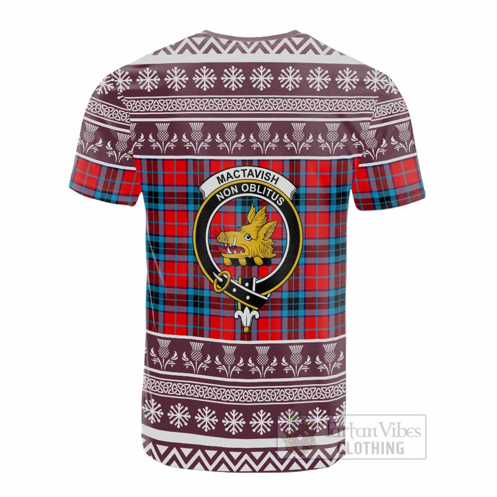 MacTavish (McTavish) Clan Tartan Christmas Cotton T-shirt with Family Crest - Tartan Vibes Clothing